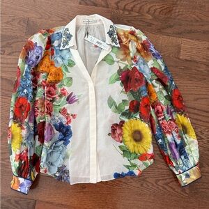 Alice + Olivia White Floral Embroidered Blouse